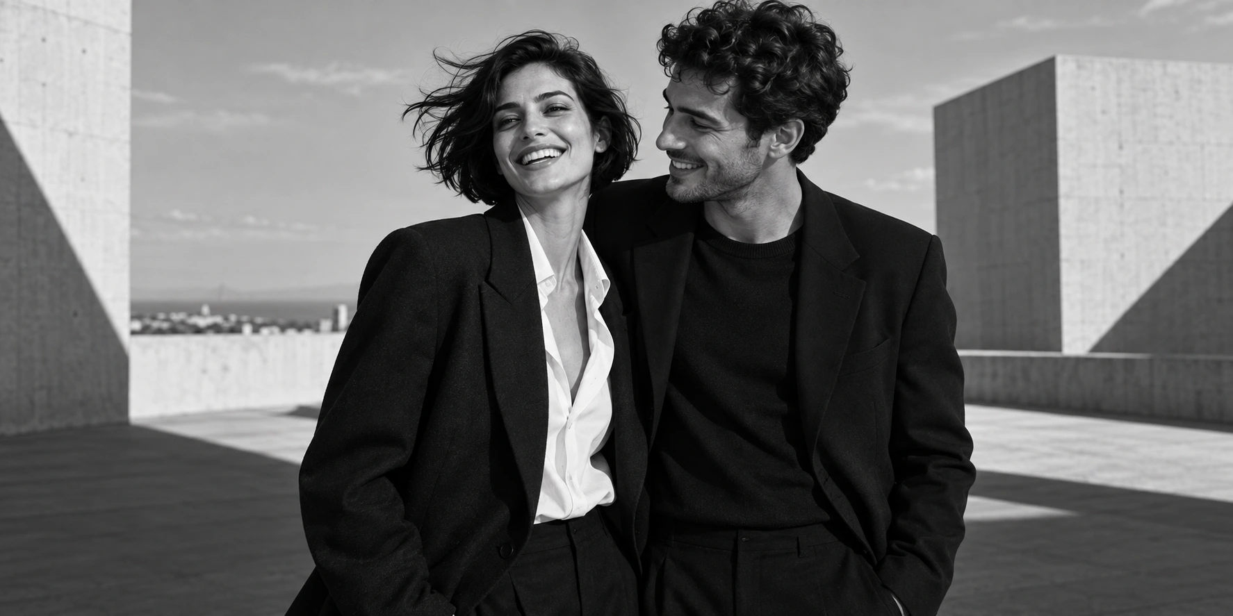Creative black-and-white portrait of a smiling couple together on a city rooftop