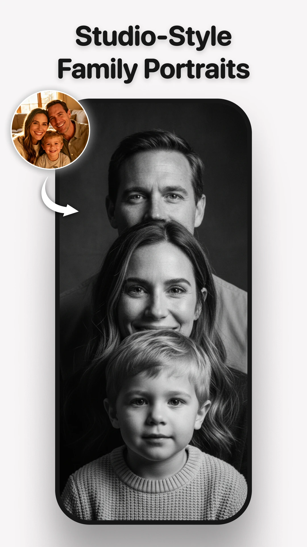 Official MePic screenshot showing an AI family portrait